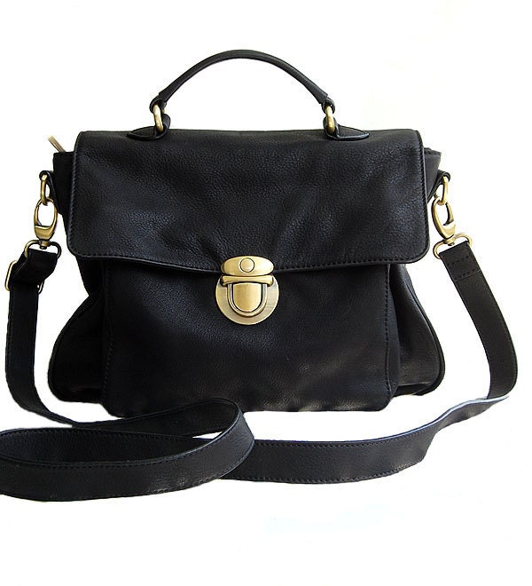 classic leather satchel -  vignette in soft black - Can Be Worn Cross-Body as Messenger Bag