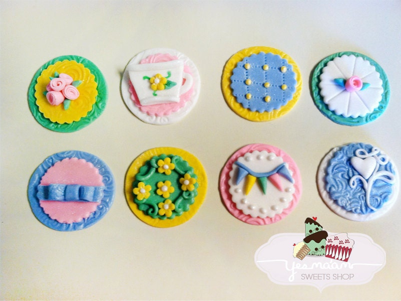 12 Tea Time Party Fondant Cupcake/Cookie Toppers-Full set