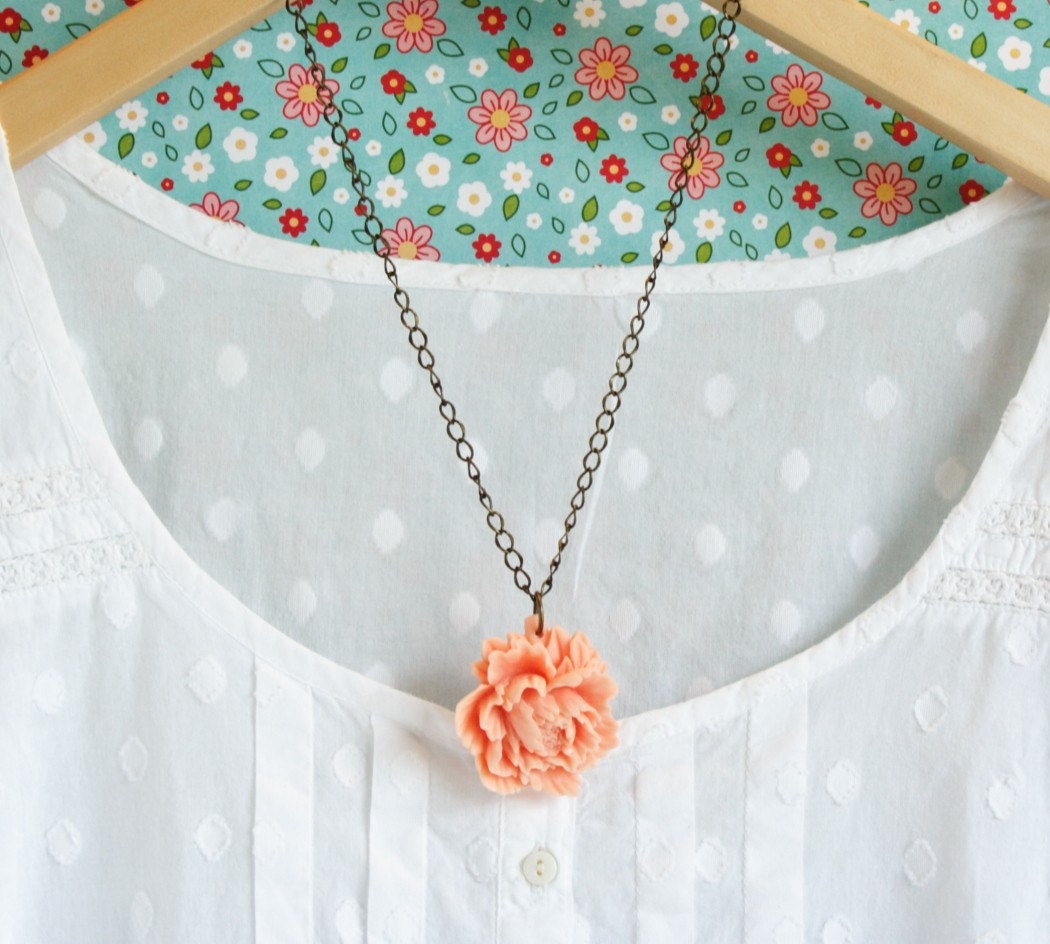 Peony Necklace Peach Flower on Brass Chain Shabby Chic Style