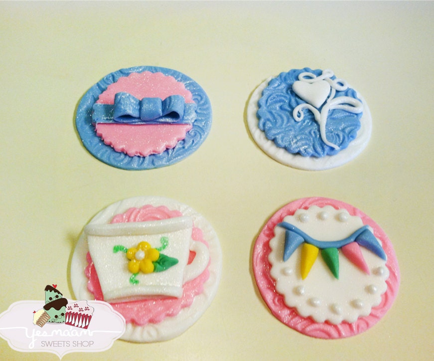 12 Tea Time Party Pink, Blue & White Fondant Cupcake/Cookie Toppers