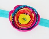 Boutique Children Headband Bright Multi Color Fabric Flower Hair Clip with Thin Turquoise  Headband By Ana's Baby Couture
