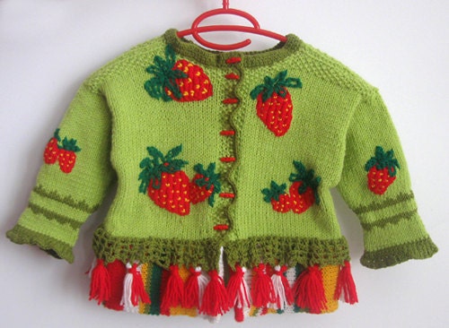 SALE - Artistic Wool Kid Cardigan - STRAWBERRY FIELDS - Vest for children 3 to 4 years by Solandia