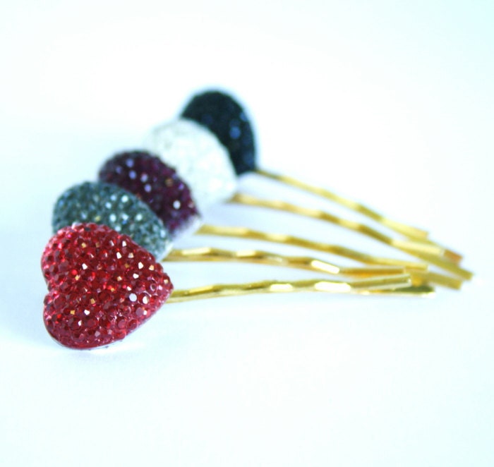 Heart Bobby Pins Gold Plated  - Set of Five - Grey, Silver, Red, Purple, Black - Great Stocking Stuffer