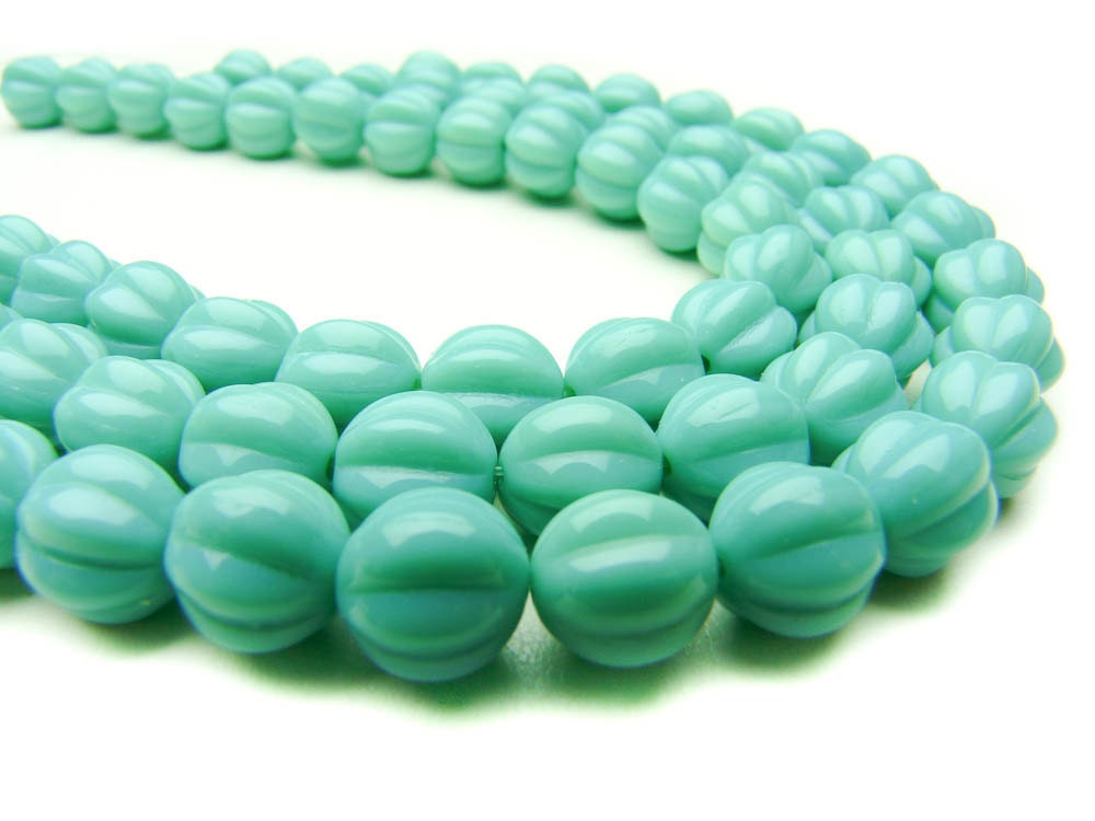 Turquoise - Melon Shaped - Czech Pressed Glass Beads - 8 mm - 25 beads