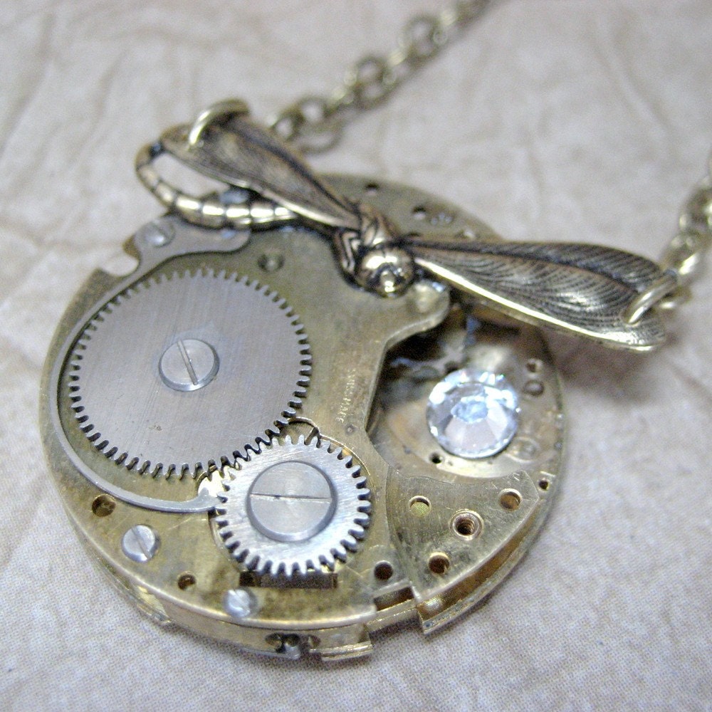 Steampunk Necklace - Golden Dragonfly in Flight - Vintage Repurposed Watch Movement Jewellery - Handmade and Designed by A Second Time