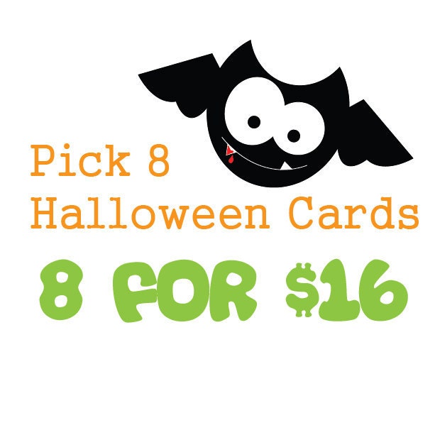 8 Halloween Cards, Create Your Own Custom Halloween Card Set, Pick 8 single Cards