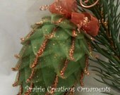 Quilted Ornament Pinecone Sparkling Copper and Green Christmas or Fall Decor