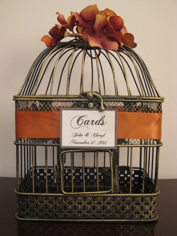 Bird Cage Wedding Card Holder With Burnt Orange Hydrangeas / Wedding Card Holder  Decorative Bird Cage / Shabby Chic Bird Cage
