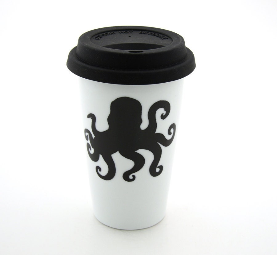 Octopus Travel Mug Double Walled Porcelain with Lid Kiln Fired