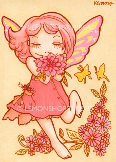 ACEO Art Print Flower Fairy, Giclee Archival, Pink Cream Cute Butterfly - Limited Edition 2/25