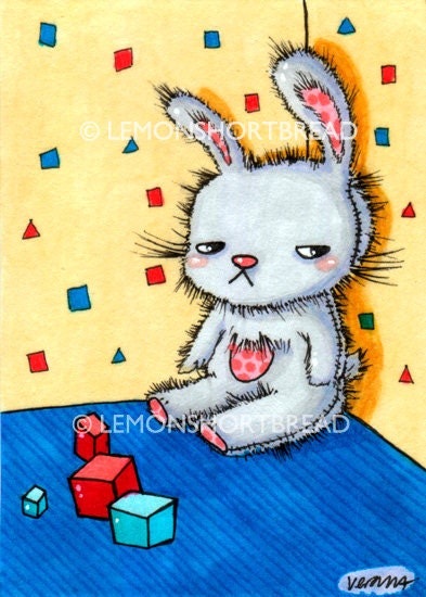 ACEO Art Print Dryer Day Bunny, Archival, Angry Rabbit Stuffed Toy - Limited Edition 1/25