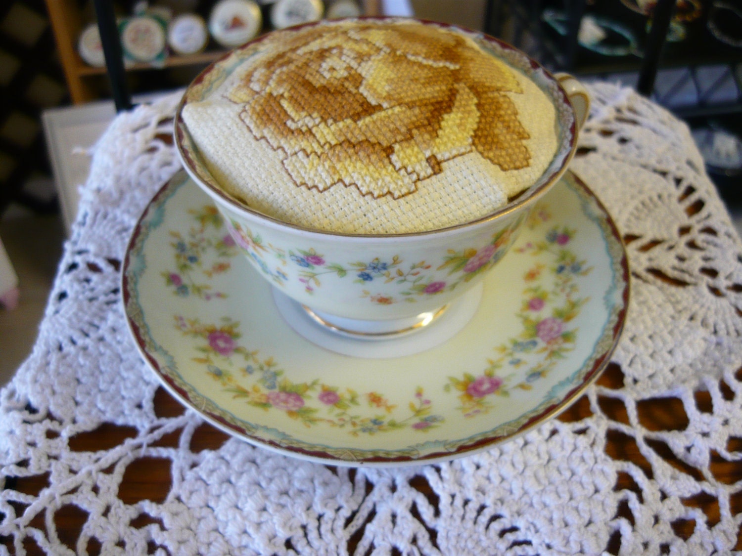 Counted Cross Stitch Upcycled Earing Brooch Pincushion Tea Cup