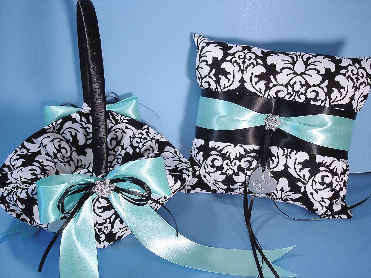 Damask Wedding Ring Bearer Pillow and Flower Girl Basket with a Custom Accent Color, Rhinestones and Personalized Engraving