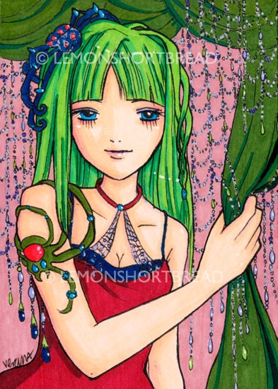 ACEO Art Print Arachnid Lady, Spider Green Red Anime Pop Web  - Limited Edition 2/25