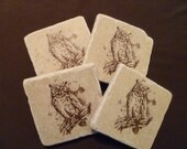 Owl Coasters Tumbled Marble Tile Hand Stamped Set of Four