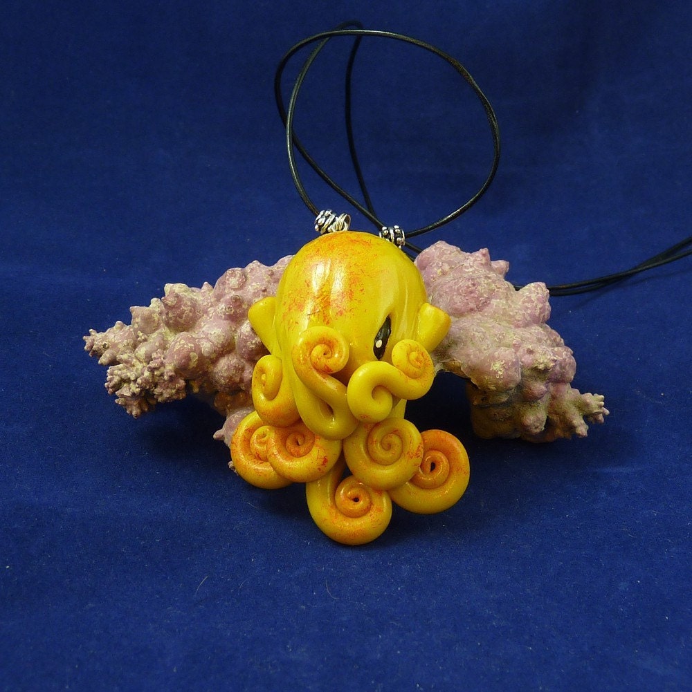 Solar Flare Octopus Necklace - Yellow Polymer Clay Cephalopod Jewelry