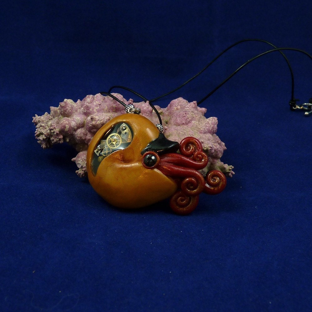 Brass Steampunk Nautilus Necklace - Polymer Clay Neo-Victorian Jewelry