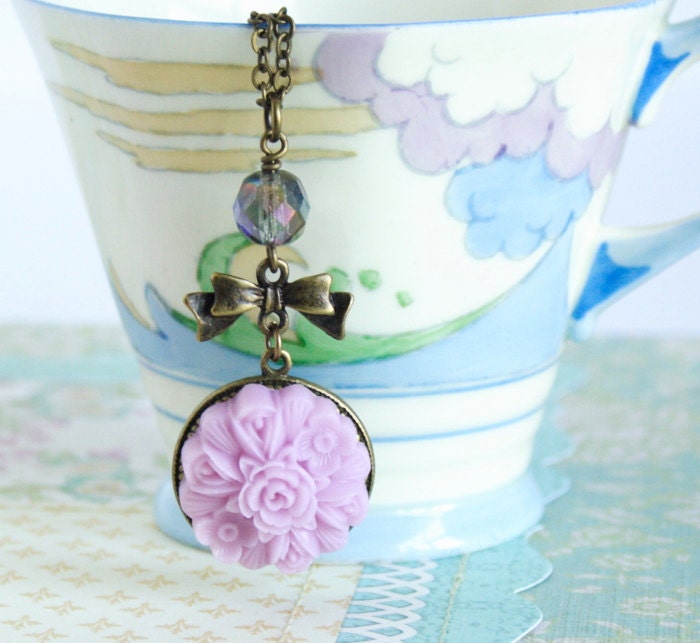 Mauve Necklace Cameo with  Brass Bow and Vintage Glass Bead and Brass Chain