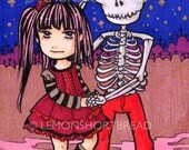 ACEO Art Print Skeleton Guy, Gothic Lolita, Couple Friend Cute Night Cemetery - Limited Edition 1/25