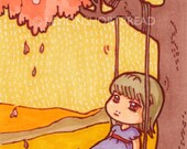 ACEO Art Print Girl on Tree Swing, Yellow Pink Autumn Sunset, Cute - Limited Edition 1/25