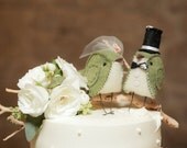 Moss Green Birds with Top Hat Wedding Cake Topper - MADE TO ORDER