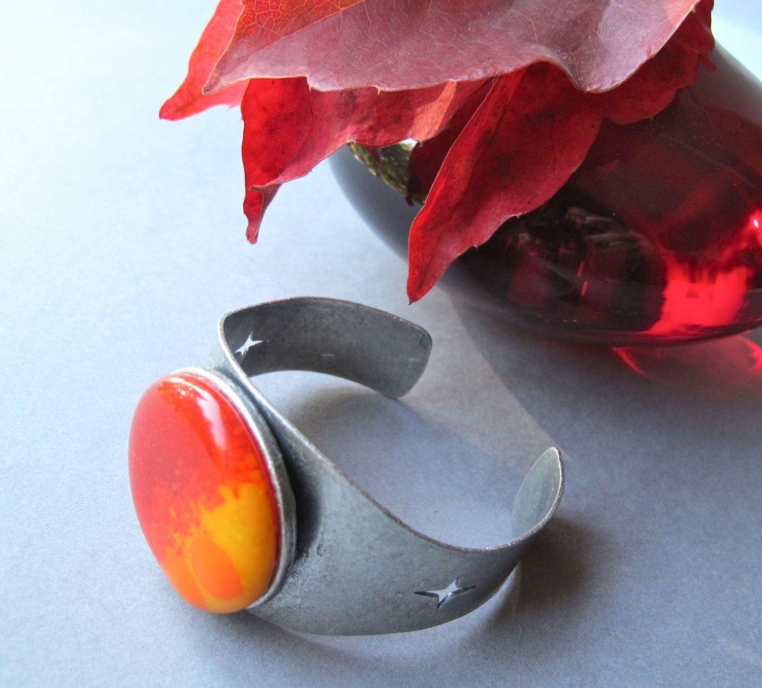 Antique Silver Tone Cuff Bracelet with Handmade Fused Glass Cabochon