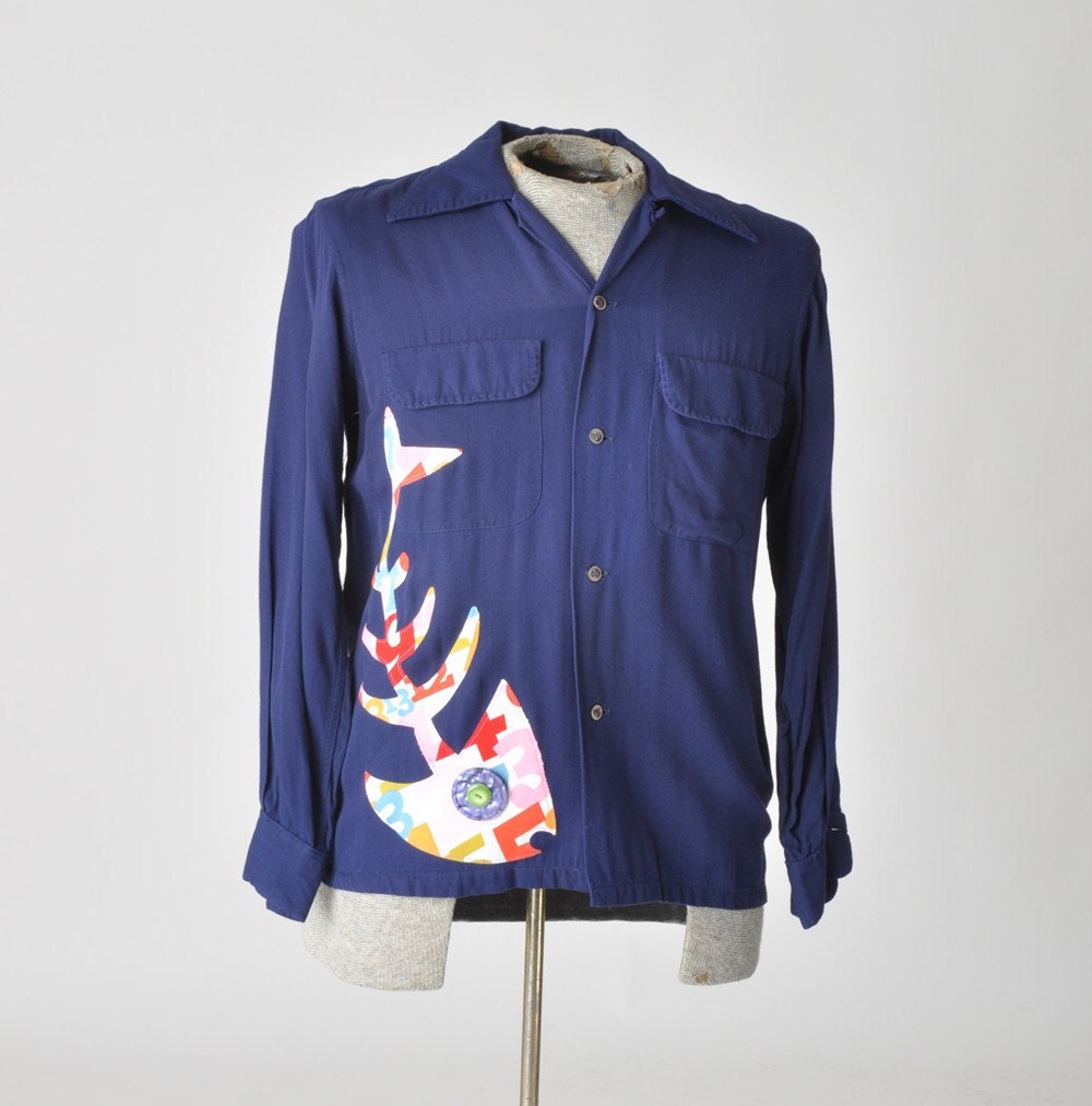 fish skeleton gabardine shirt - vintage mens
