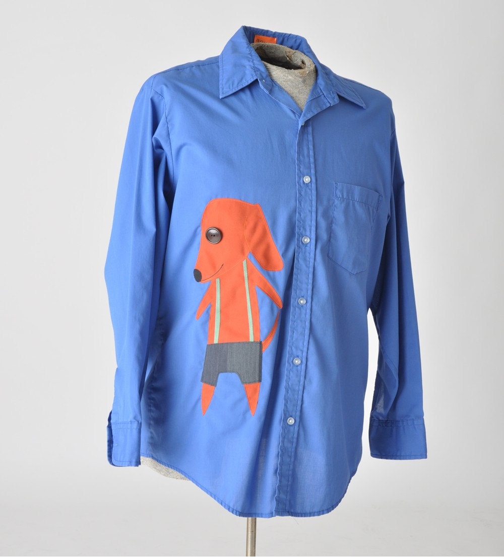 dachshund button down mens blue vintage shirt - L / XL
