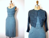 vintage 1950s dress / blue wool empire waist / Middle of the Night