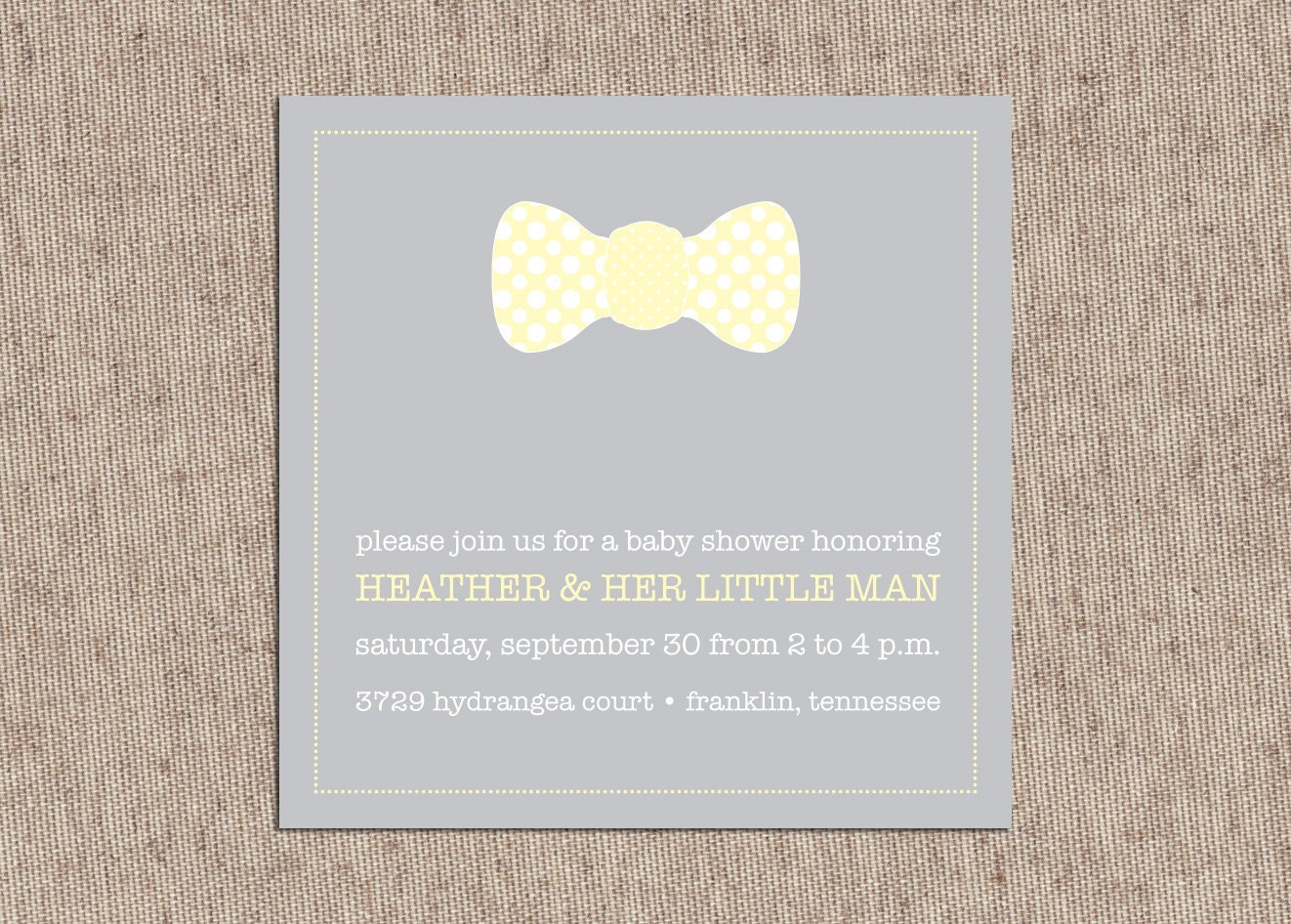 Baby Boy Shower Invitations - Little Man's Bow Tie  - Set of 25 Custom Double Sided Invites - Yellow and Gray