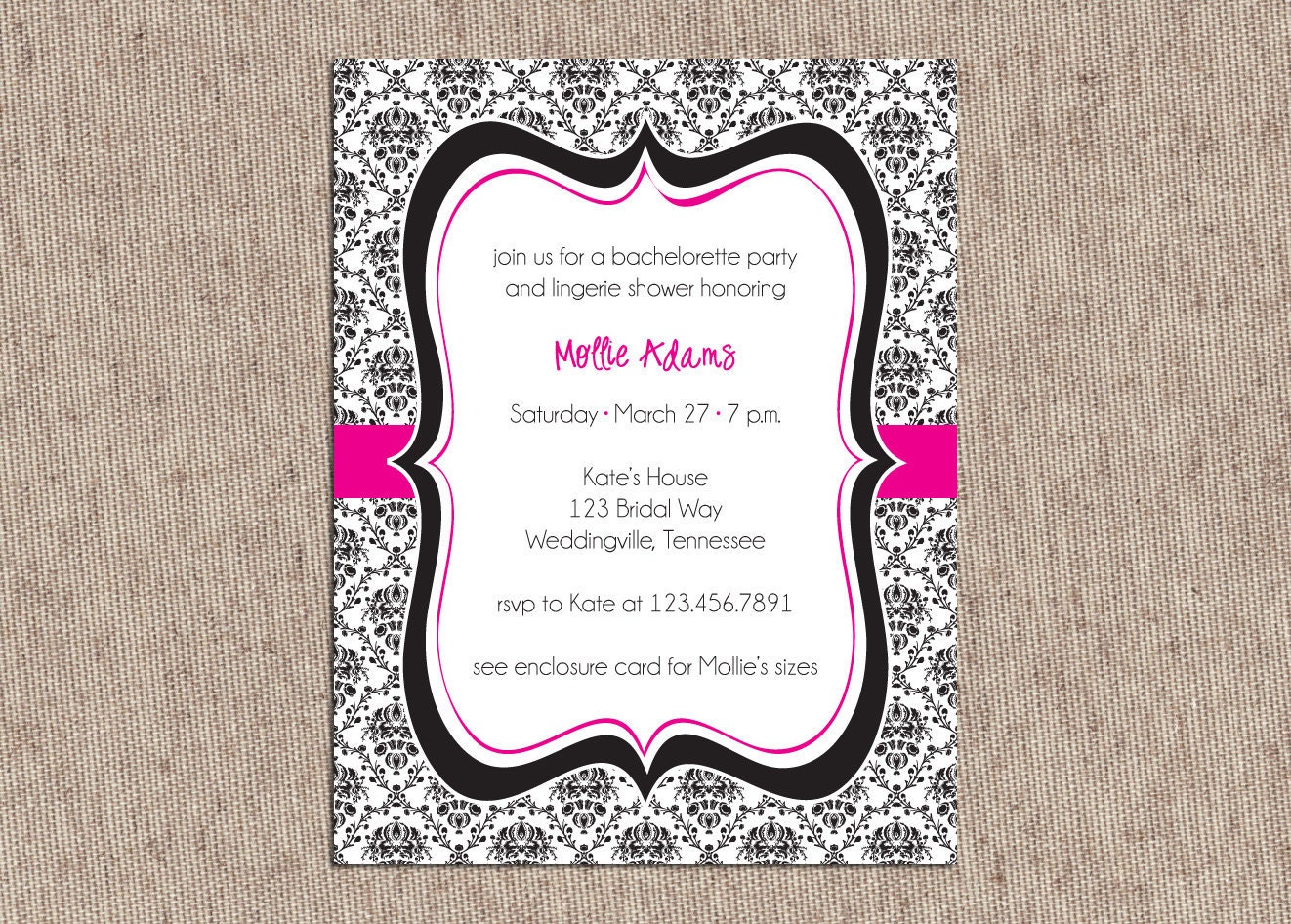 Damask Bachelorette Party Invitations - Set of 12 Lingerie Shower Invites - Black and Pink