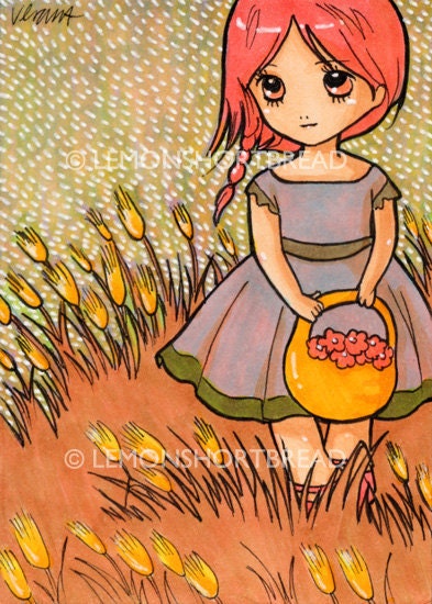 ACEO Art Print Strolling in the Fields, Autumn Rustic, Flower GIrl Countryside - Limited Edition 1/25