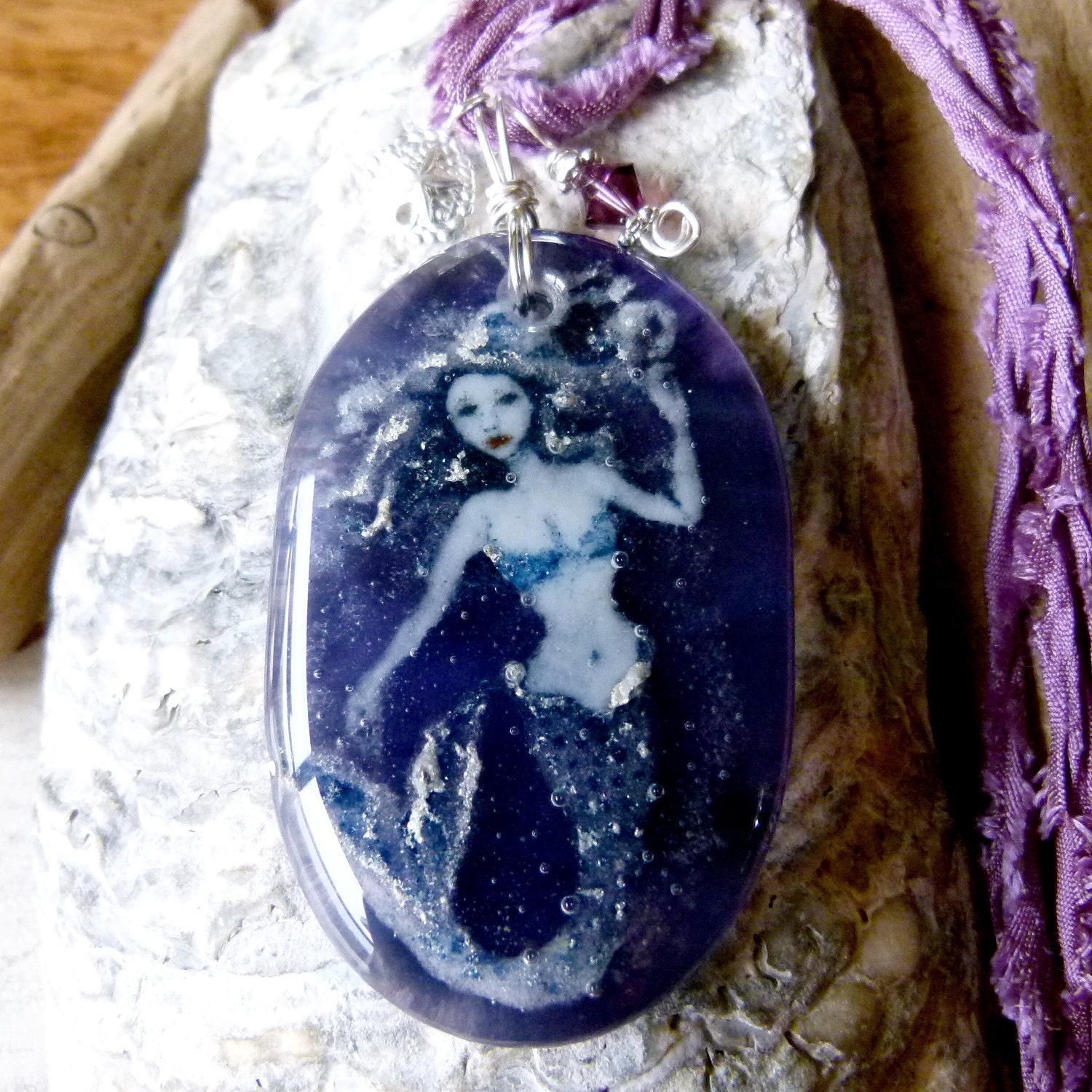 Amazing Mermaid in the water - fused glass pendant
