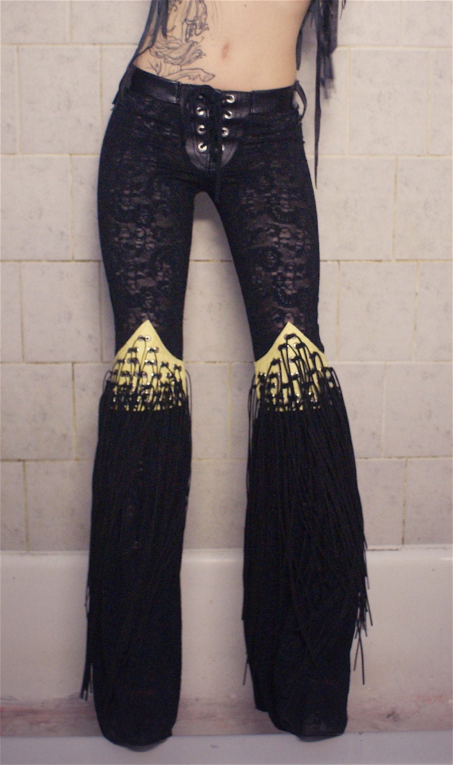 TOXIC VISION Black Widow leather n lace tassle drainpipe pants