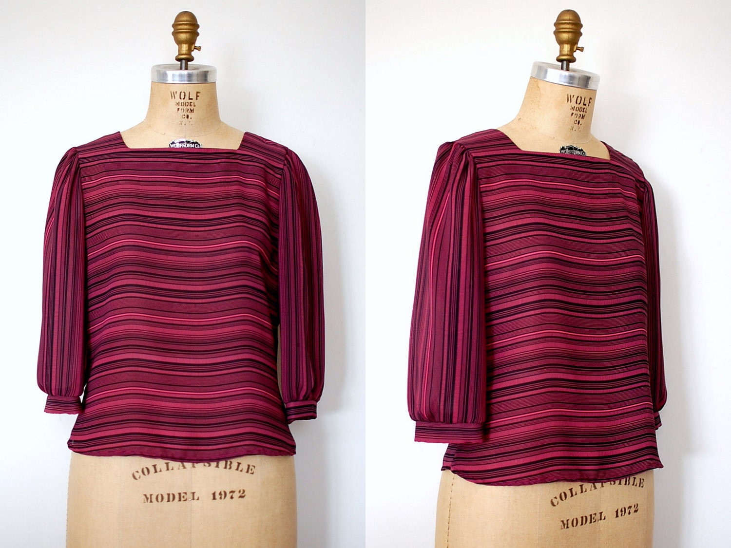 70s sheer blouse / 1970s puff sleeve top / Pink Dotted Lines