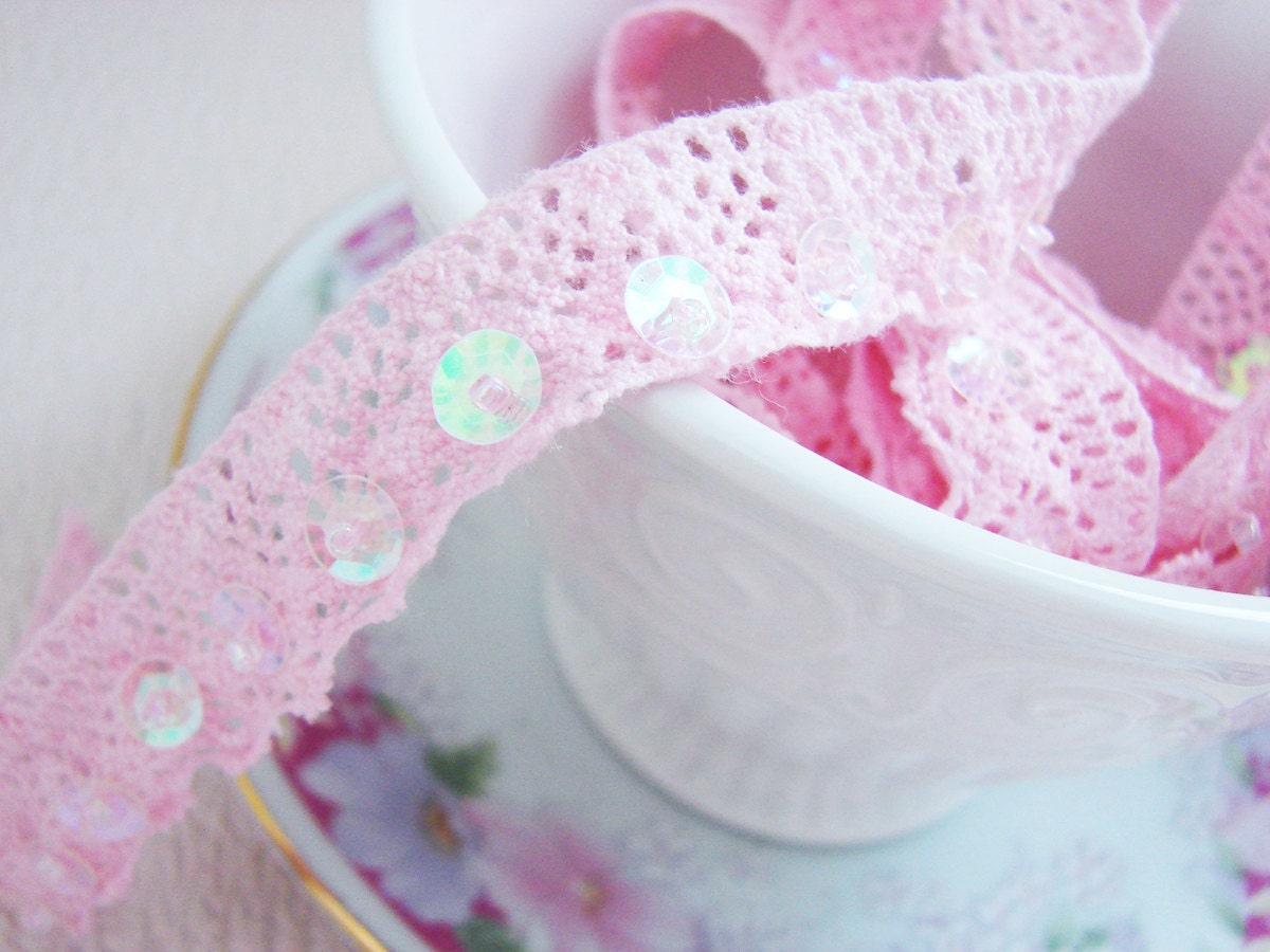Crochet Trim, Princess Pink Beaded Sequin Sparkle Sewing Trim, 3 Yards