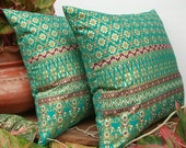 Green Teal Gold Pillow Cover Thai Painting sofa Throw decorative pillow cushion covers 18 inches