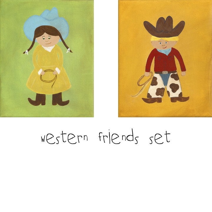 NEW - Western Friends - Set of two 8x10 PRINTS - cowgirl cowboy art for children