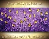 ORIGINAL Large Abstract Impasto Landscape Purple Gold Tulips Modern Palette Knife Painting - Contemporary Fine Art by Susanna 48x24