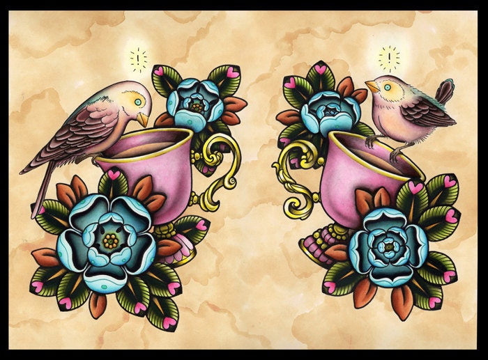 Idea Birds On Teacups Tattoo Flash - Print
