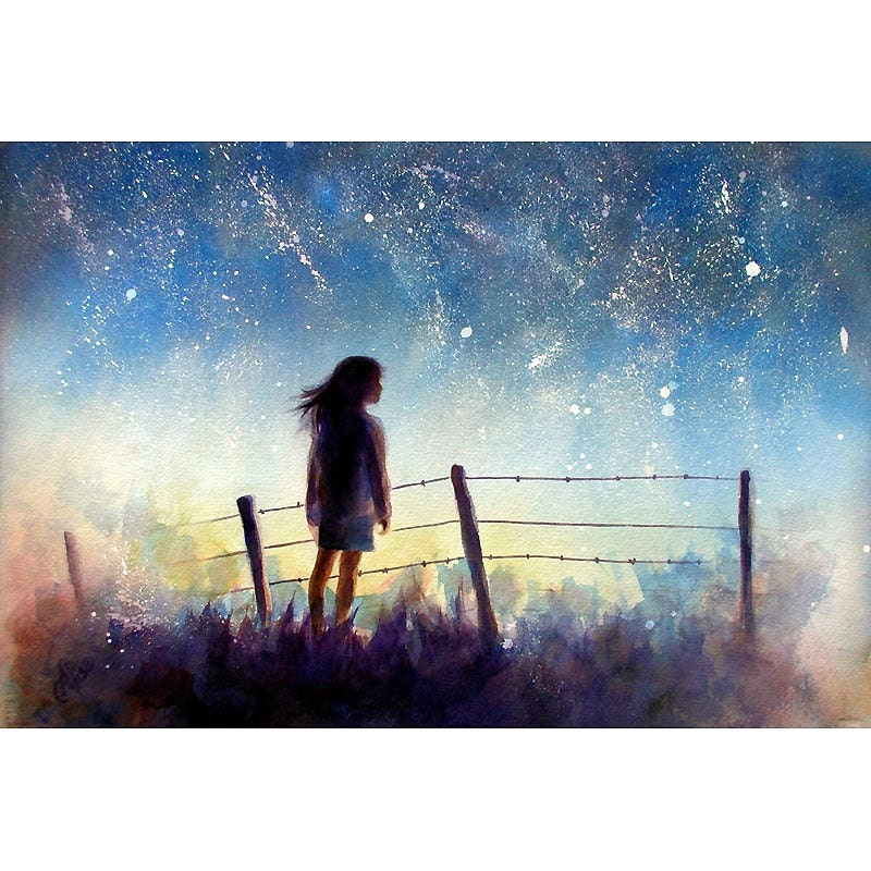 the Starry Night Art  - watercolor landscape print - Wish upon a Star - Alisa Wilcher - 12 x 8