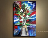 Original Orchid Flower Painting Abstract Landscape Art Vase painting 40x24 Modern floral Contemporary acrylic Painting by OTO
