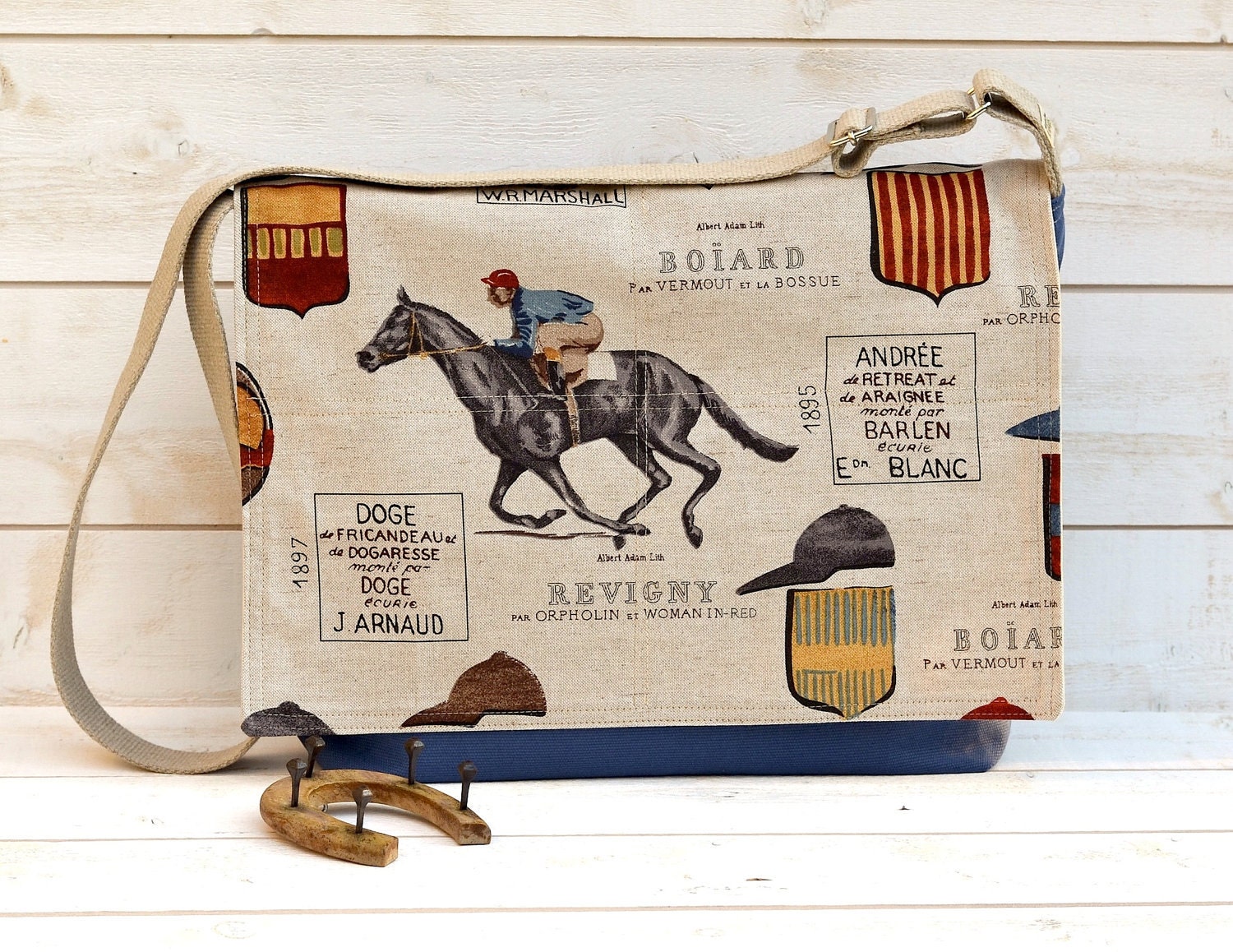Winter  fashionTravel bag  Messenger  bag/Cross body bag -17 " Laptop bag The Equestrian UNISEX DENIM BLUE with horse flap