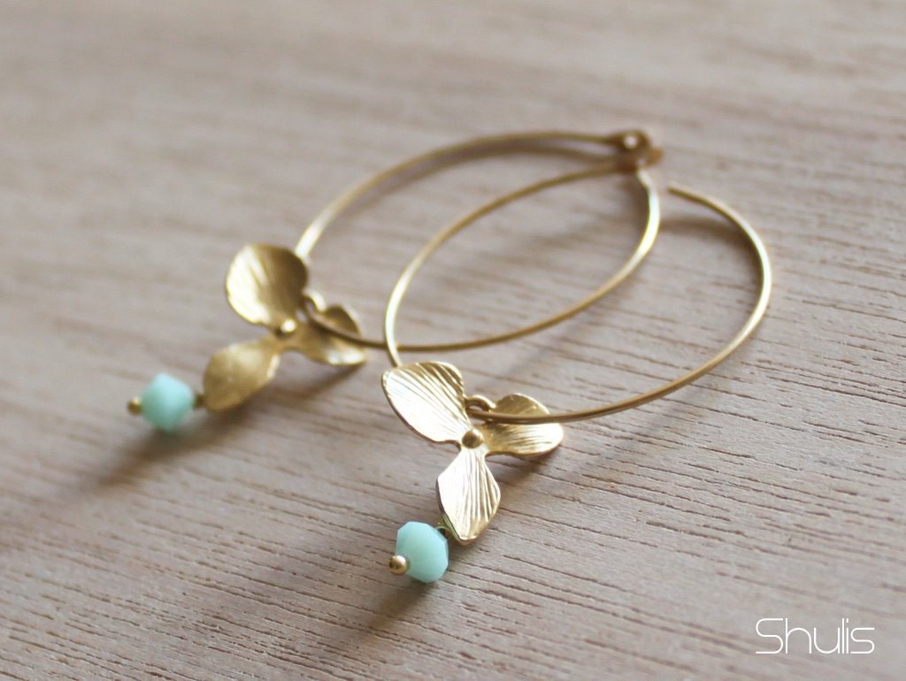 Dainty Gold Hoop Earring With Three Petals Orchid Flower and a Mint Swarovski Bead