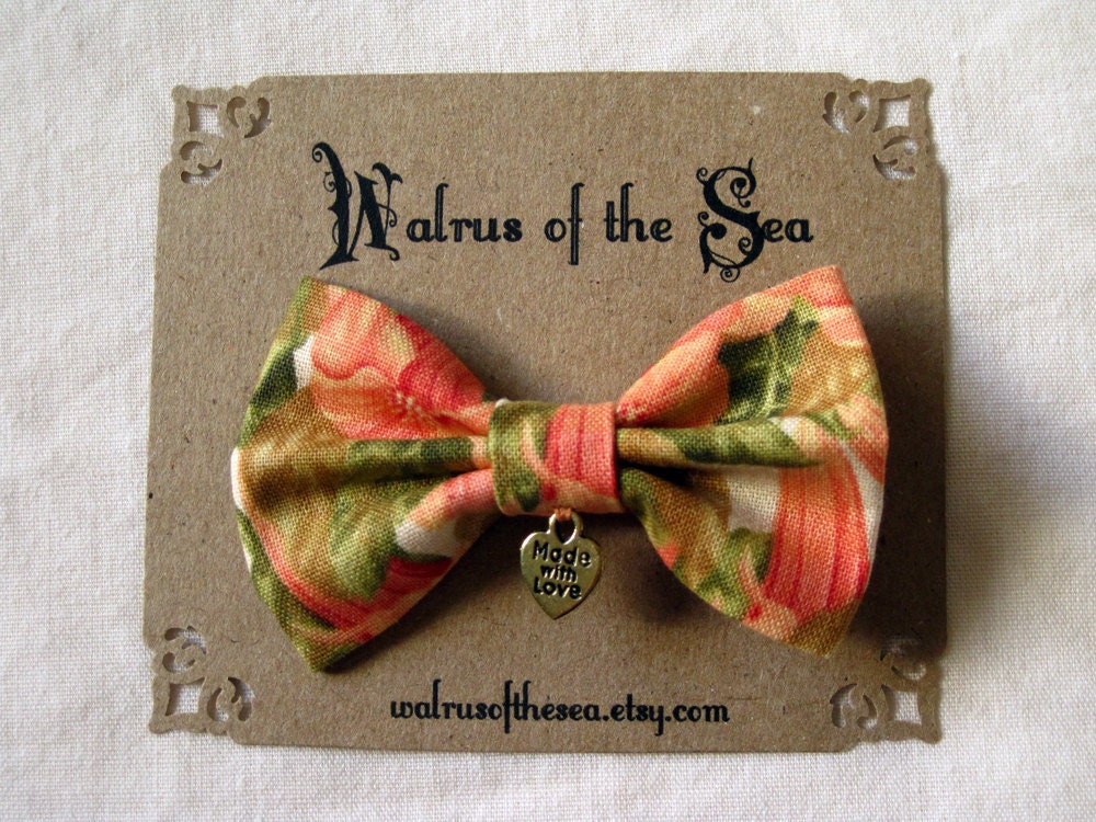 pink green floral small hair bow clip