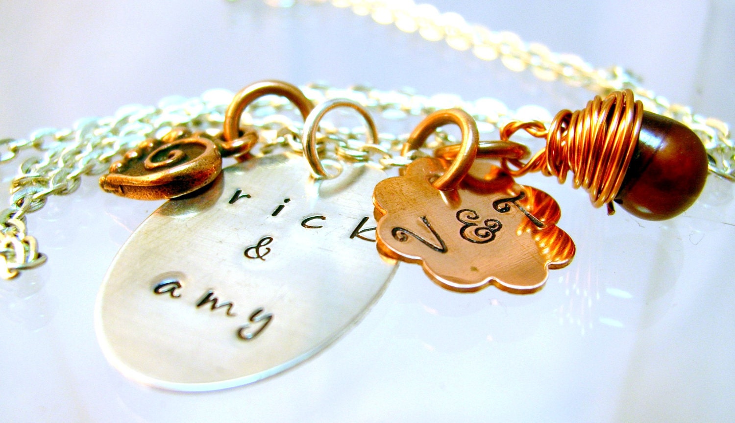 Me and You Sterling Silver Oval Copper Flower Initials with Spiral Heart Charm Personalized Jewelry Necklace