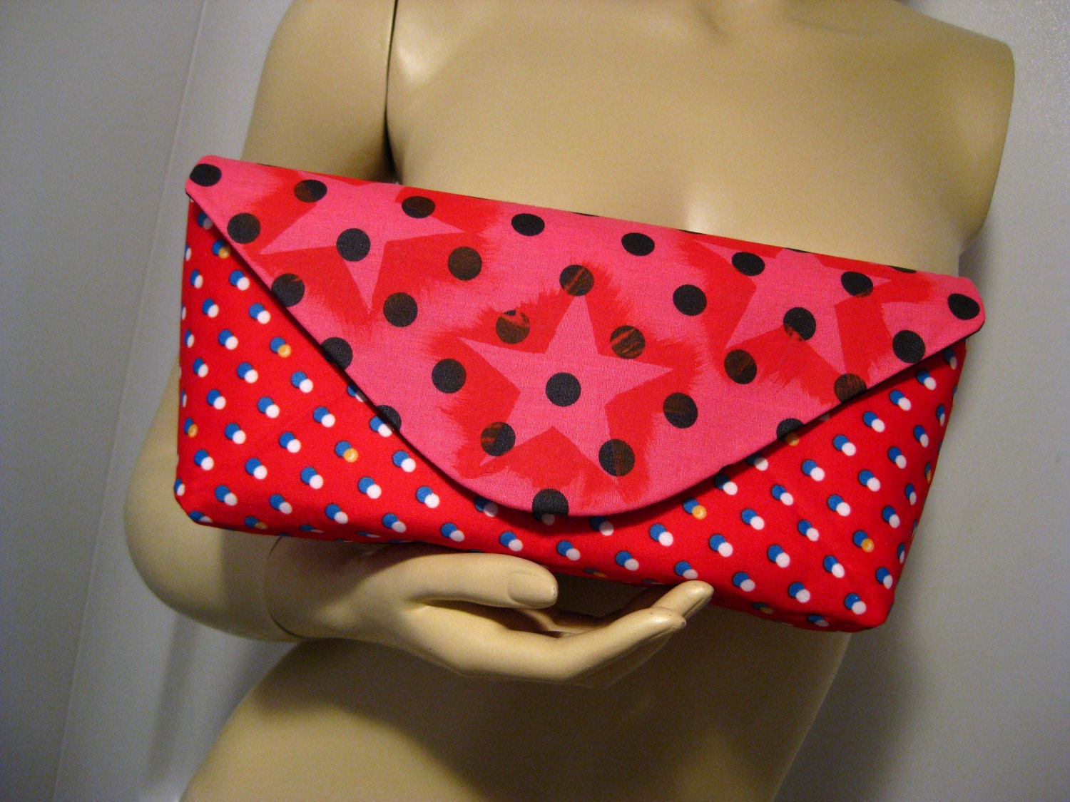 Hand Painted Red Stars on Upcycled Polka Dot Fabric "A" Clutch