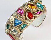 Gold Cuff with Vintage Multicolor Rhinestone Jewels Big Bold Bracelet