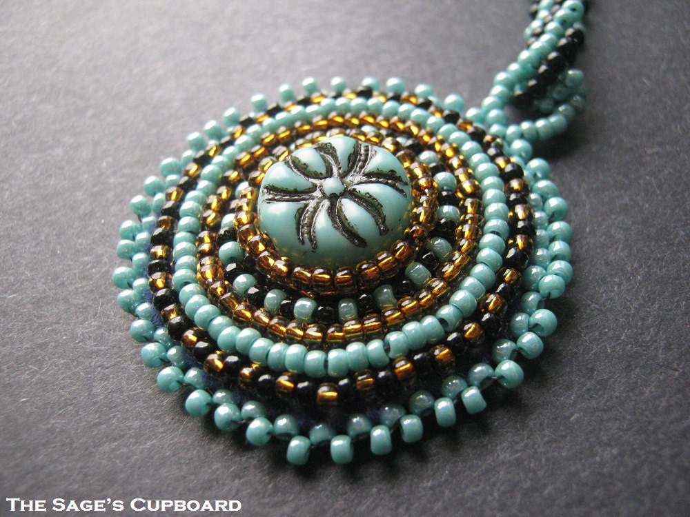 Turquoise Blue Pendant. Bead Embroidery Medallion with Black and Aqua Striped Chain