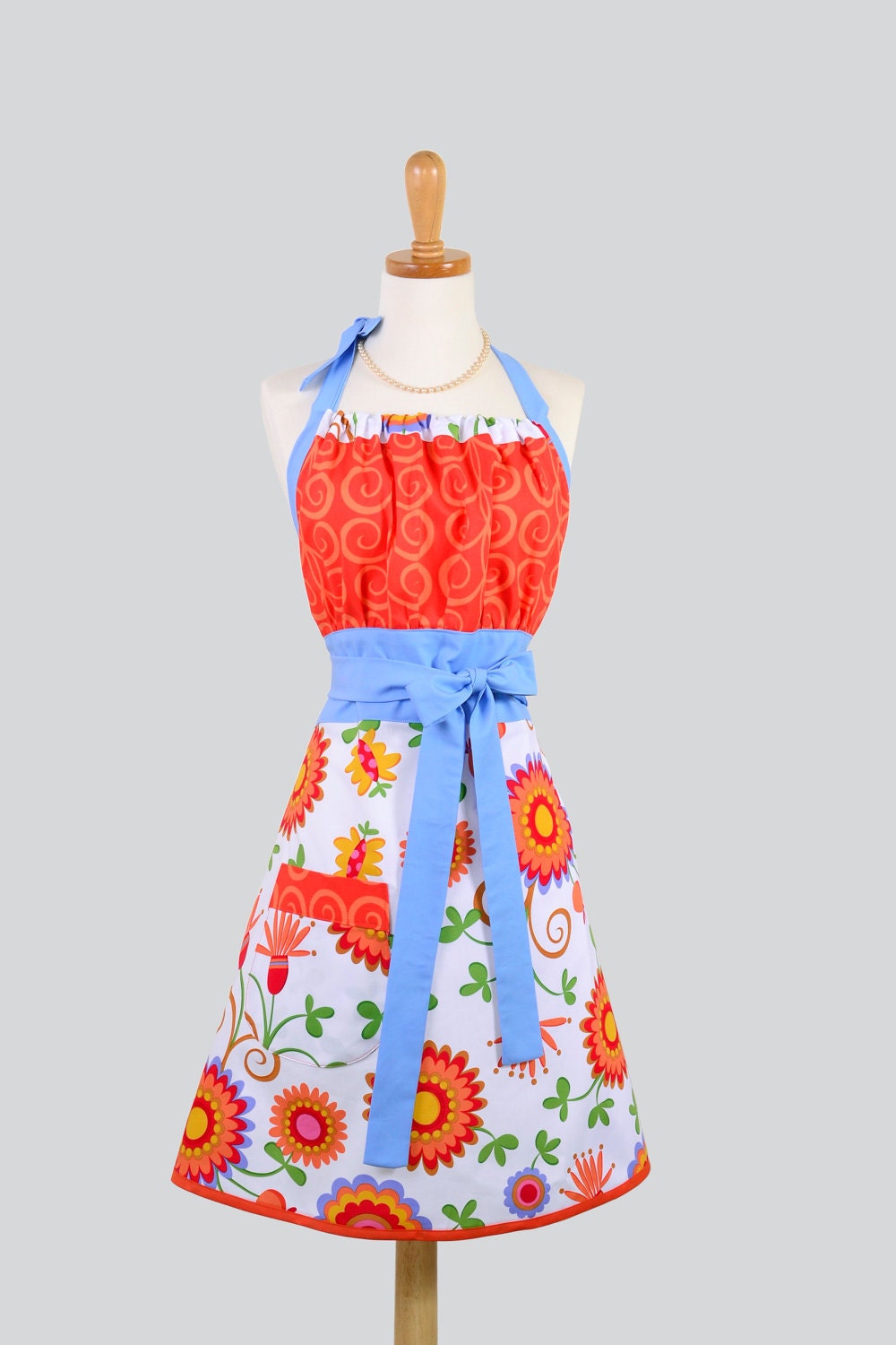 Cute Kitsch Apron / Pretty Bird in Orange Tendrils and Floral Pattern with Touches of Periwinkle Blue